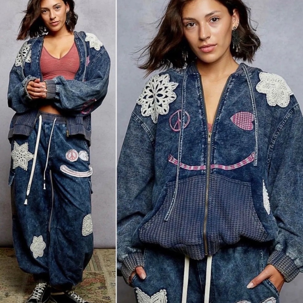 Pol Denim Patchwork Jacket And Pants Set - image 1